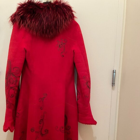 Genuine Sheepskin Fur Red Penny Lane Coat With Fox Fur Collar - Picture 2 of 11